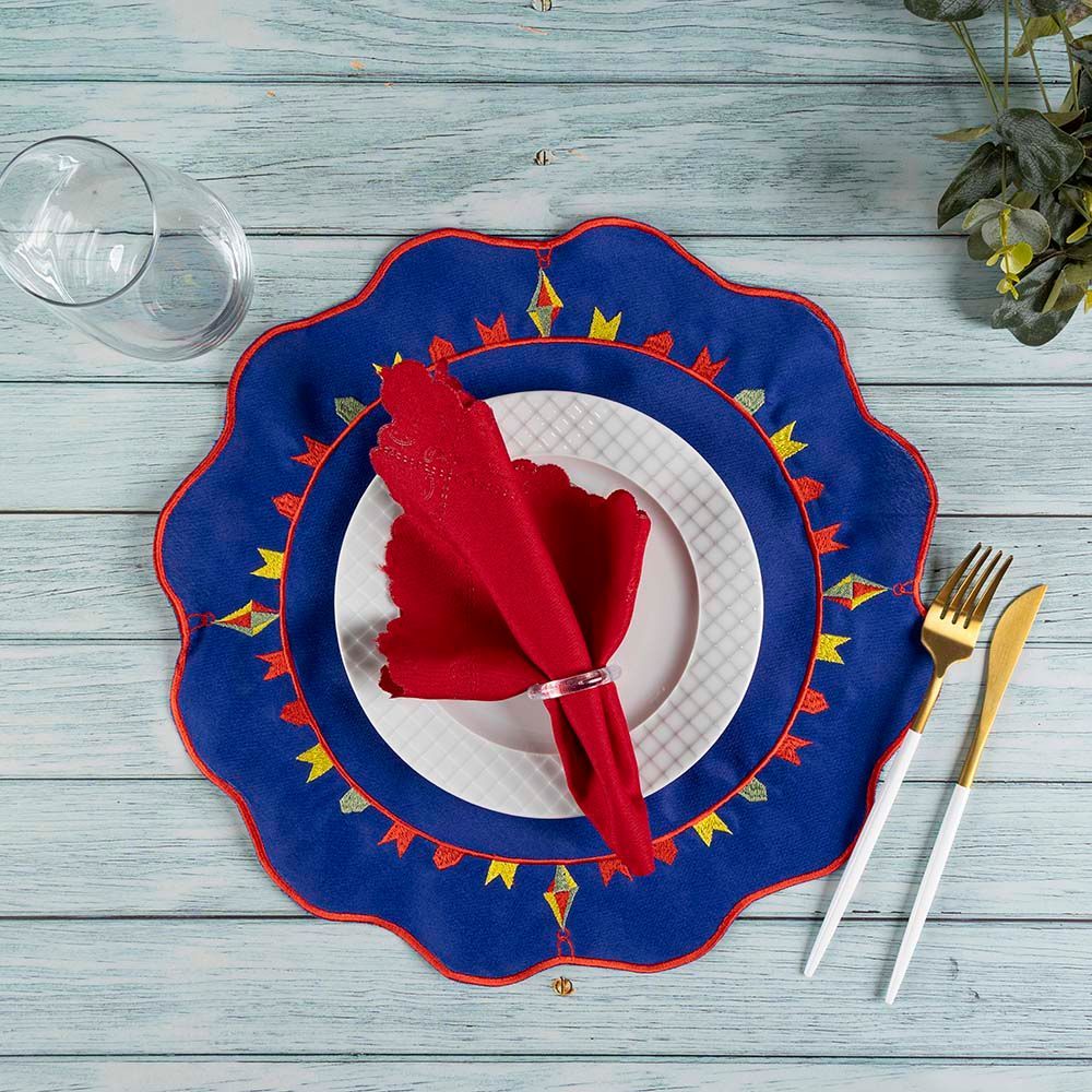 Jogo Americano Simples 12 Peças com Sousplat e Guardanapo em 100% Poliéster Acabamento Bordado para Mesa Decorativa Azul