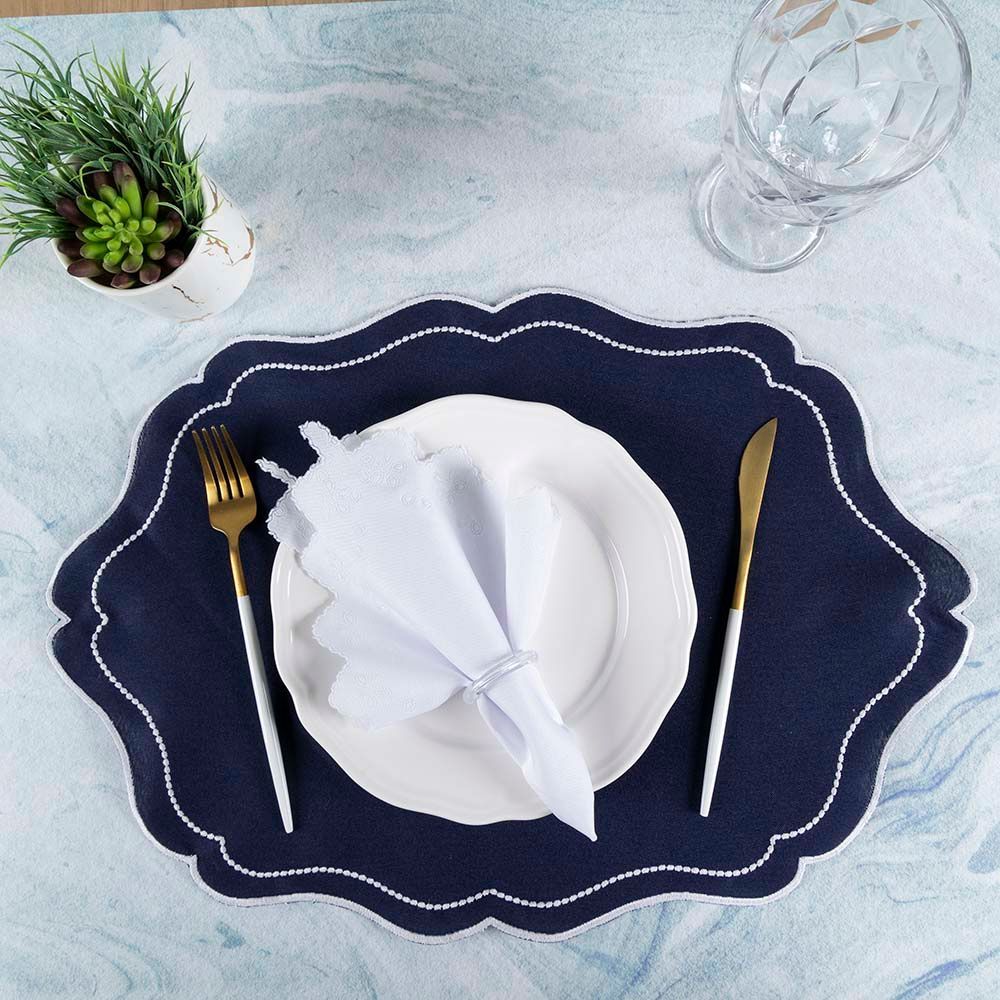 Jogo Americano Realeza Bordado 12 Peças em 100% Poliéster com Sousplat e Guardanapo Decorativo para Mesa de Jantar Azul
