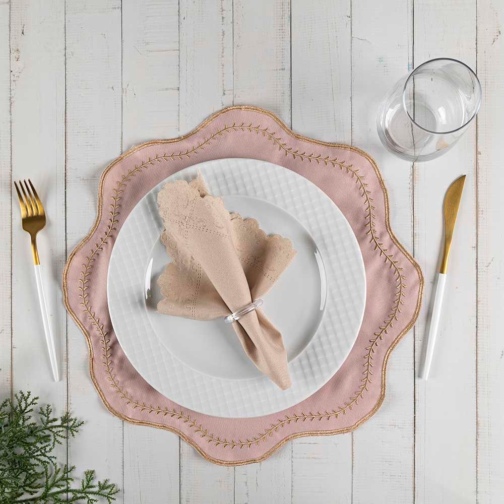 Jogo Americano Paris Bordado 12 Peças 100% Poliéster Sousplat e Guardanapo Decorativo para Mesa Rosê Clara Luz Decora