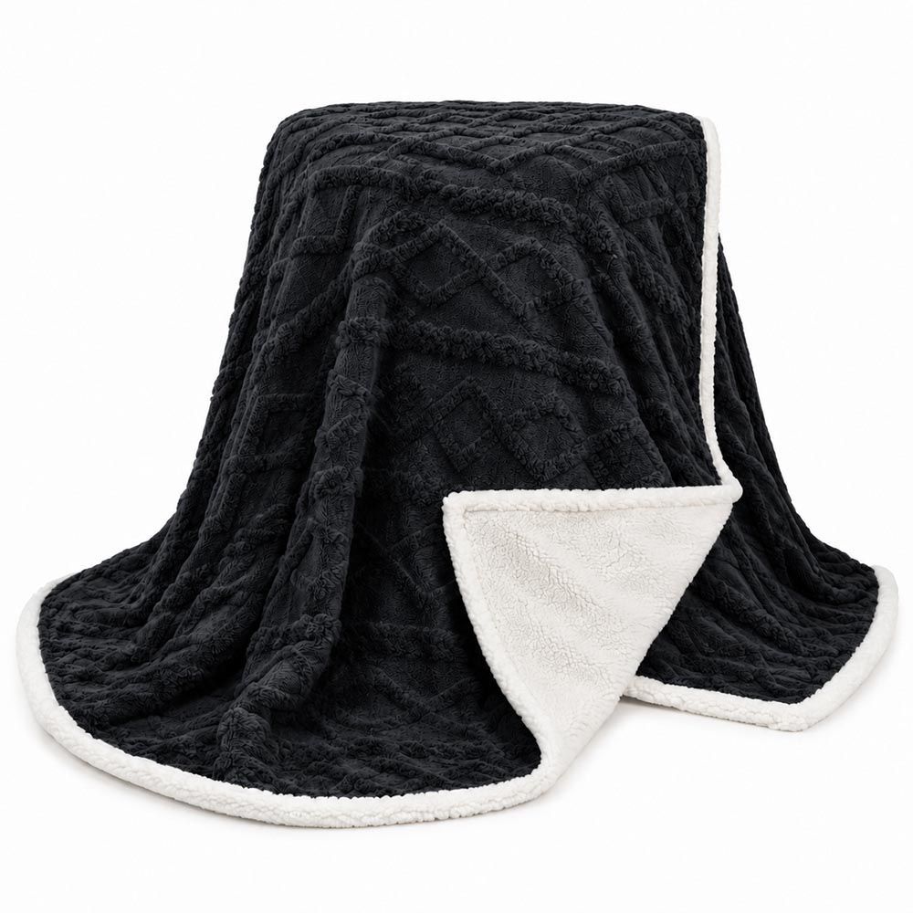 Cobertor Manta Santiago Casal 210x190CM 100% Microfibra Dupla Face Sherpa e Aveludado Preto Clara Luz Decora