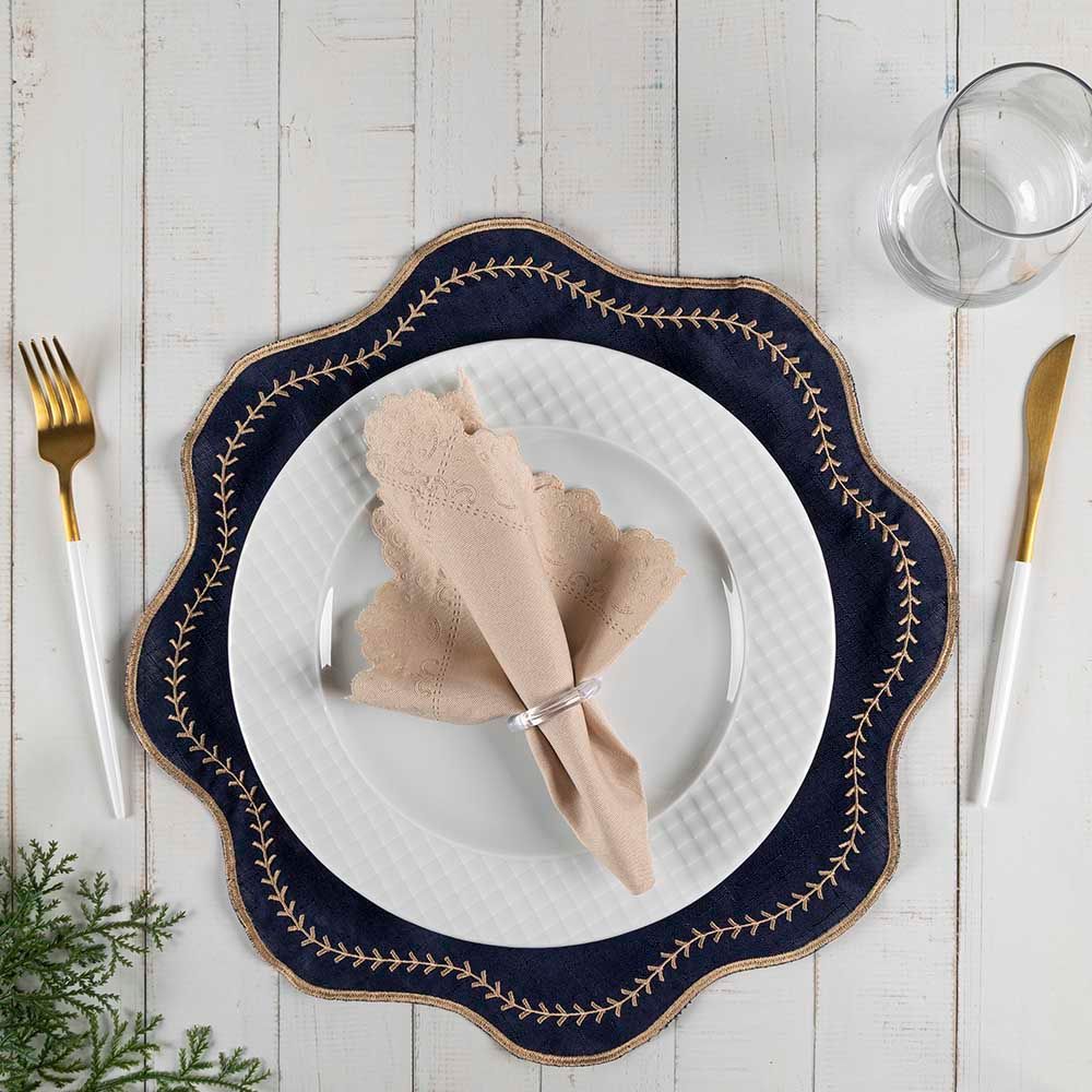 Jogo Americano Paris Bordado com 12 Peças em 100% Poliéster Sousplat e Guardanapo Decorativo para Mesa Elegante Azul