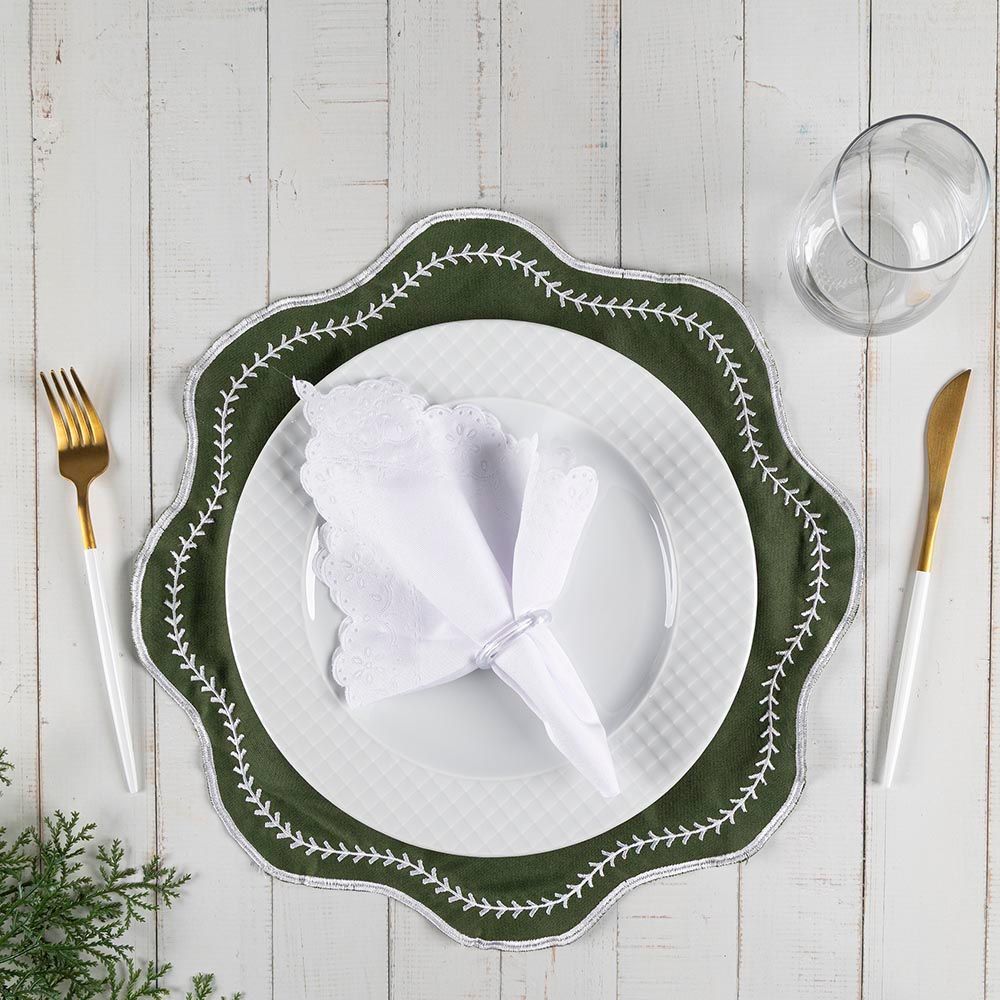 Jogo Americano Paris Bordado 12 Peças 100% Poliéster Fácil Higienização para Mesa de Jantar Verde Musgo Clara Luz Decora