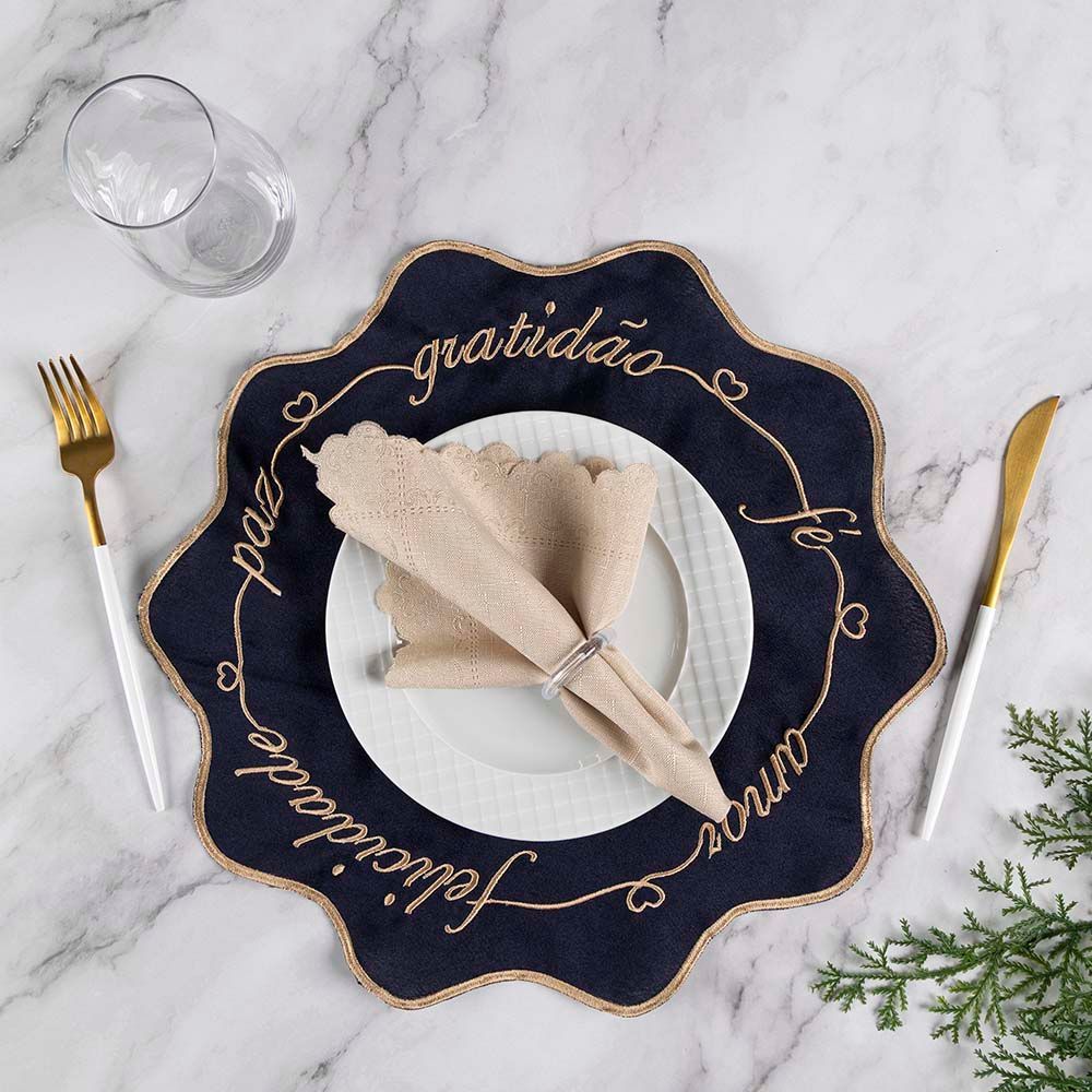 Jogo Americano Resoluções Gratidao Marinho 12 Peças 100% Poliéster Bordado para Mesa Elegante Azul Clara Luz Decora