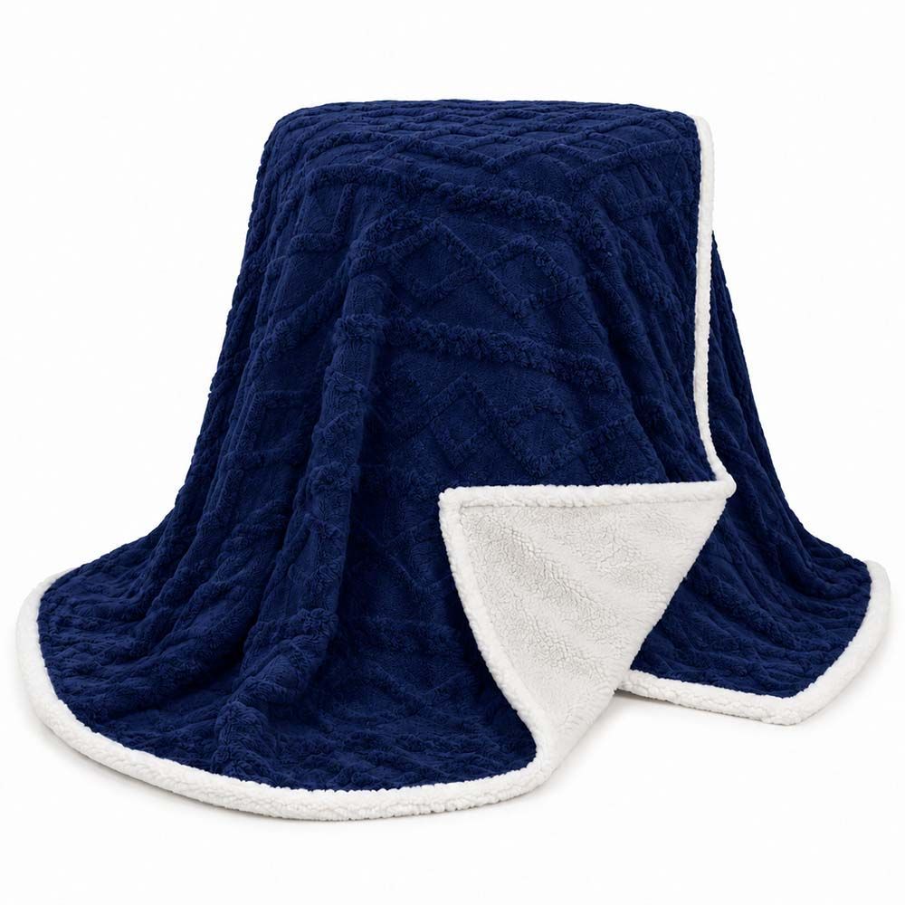 Cobertor Manta Santiago Casal 190x210CM 100% Microfibra Dupla Face com Toque Aveludado e Sherpa Azul Marinho Clara Luz