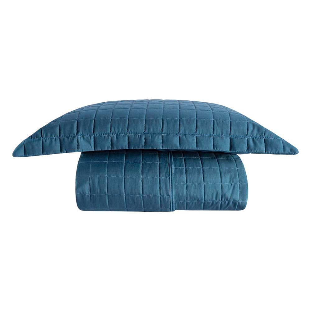 Kit Cobre Leito Colcha Ravena Solteiro 2 Peças 100% Poliéster Micropercal 300 Fios Matelado Acetinado Azul Marinho Clara