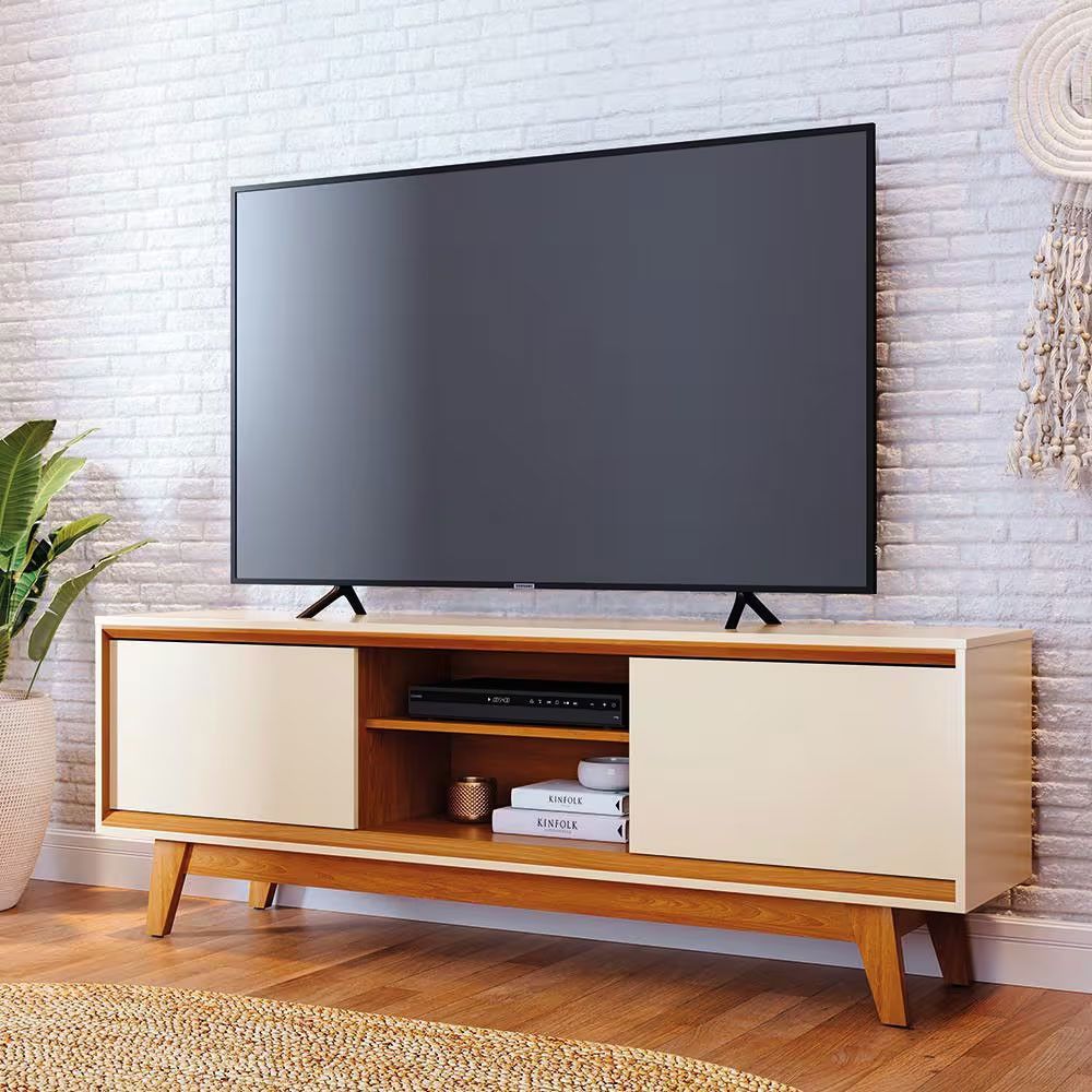 Estante Bancada Atlas para TV 65" 164CM MDP com Portas de Correr Bege Madetec Móveis