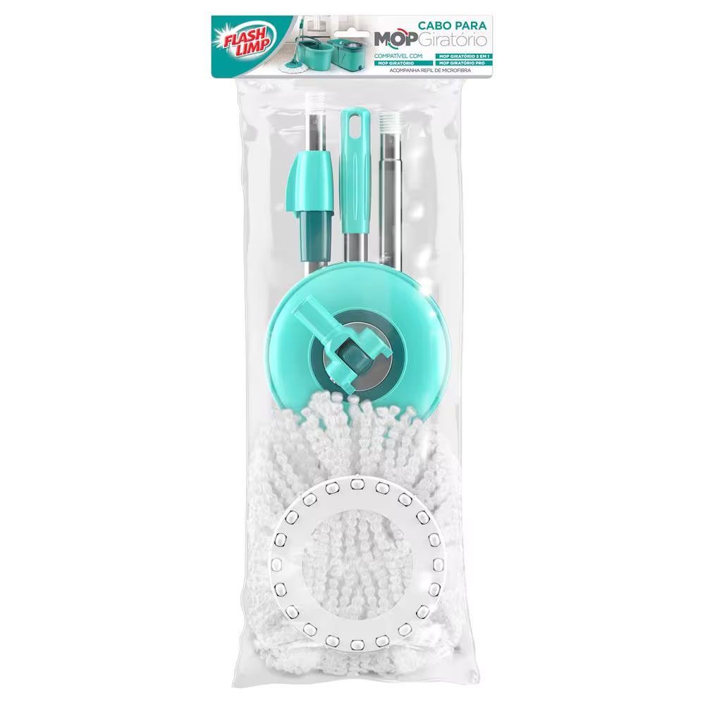 Conjunto de Cabo e Refil para Mop Giratório 2 Peças Alta Absorção Aço Inox Telescópico para Limpeza Verde Flashlimp