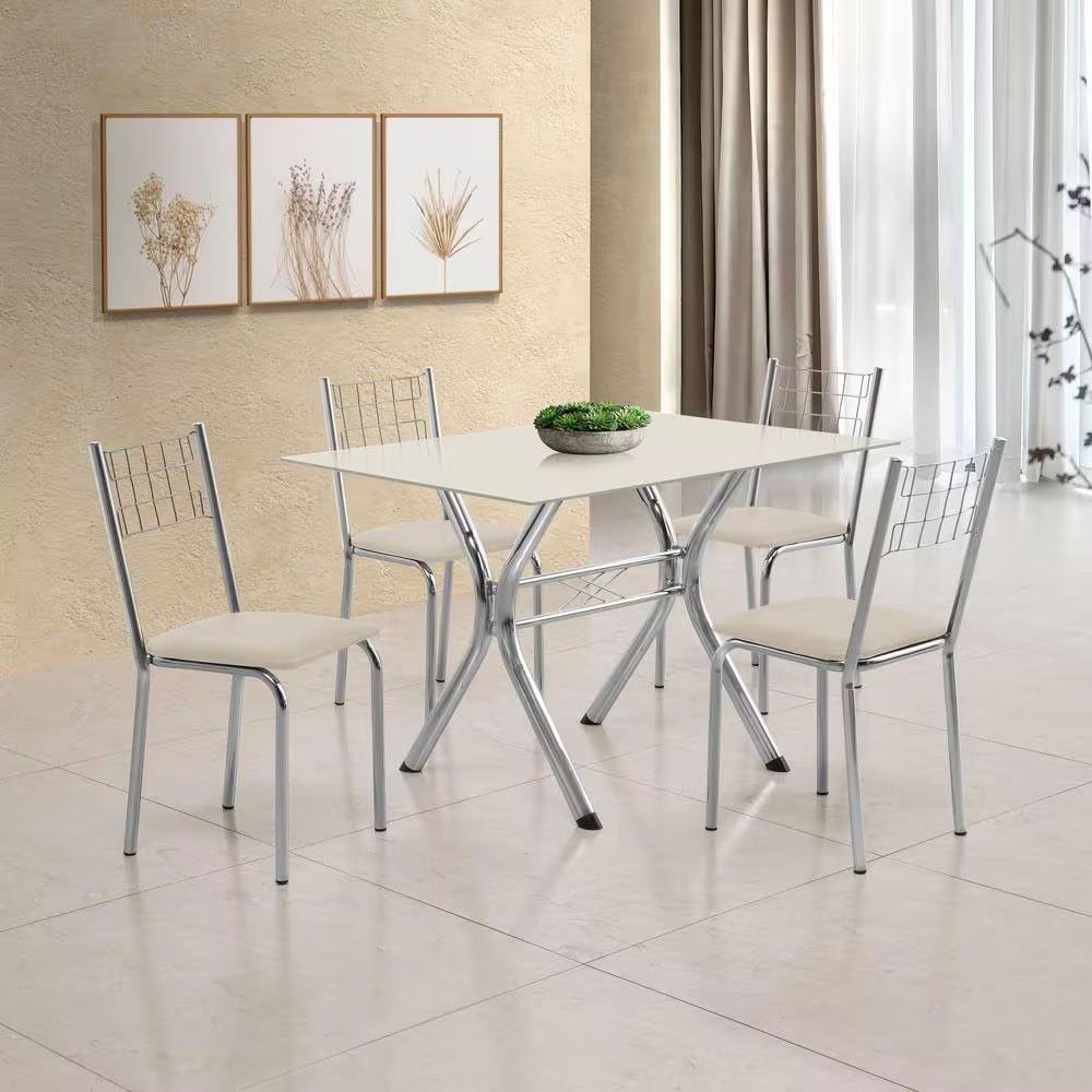 Conjunto de Jantar Montana 4 Lugares Tampo em Vidro com Cadeiras Iris em Corino Off White 120X80CM Aço Nobre Móveis
