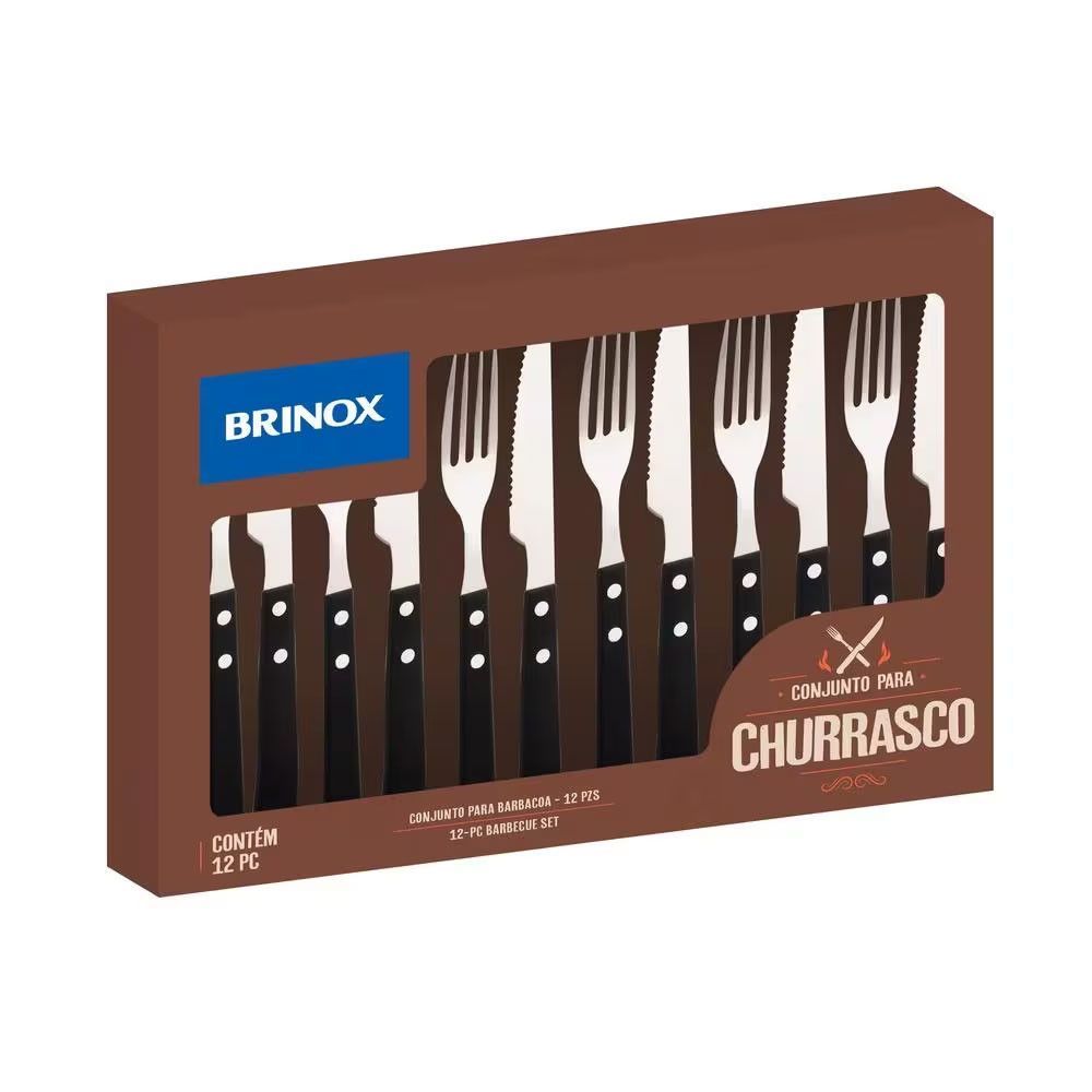 Conjunto de Talheres para Churrasco Brinox 12 Peças Aço Inox Polido e Polipropileno Cabos Anatômicos Laváveis em Lava