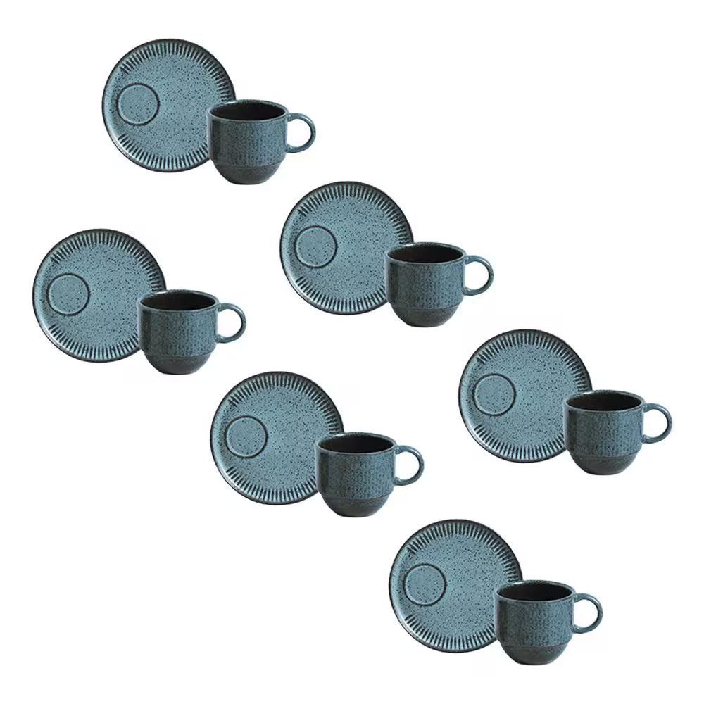 Conjunto de Xícaras e Pires de Chá Linhas Night Sky 12 Peças Stoneware Azul para Uso Diário Azul Porto Brasil