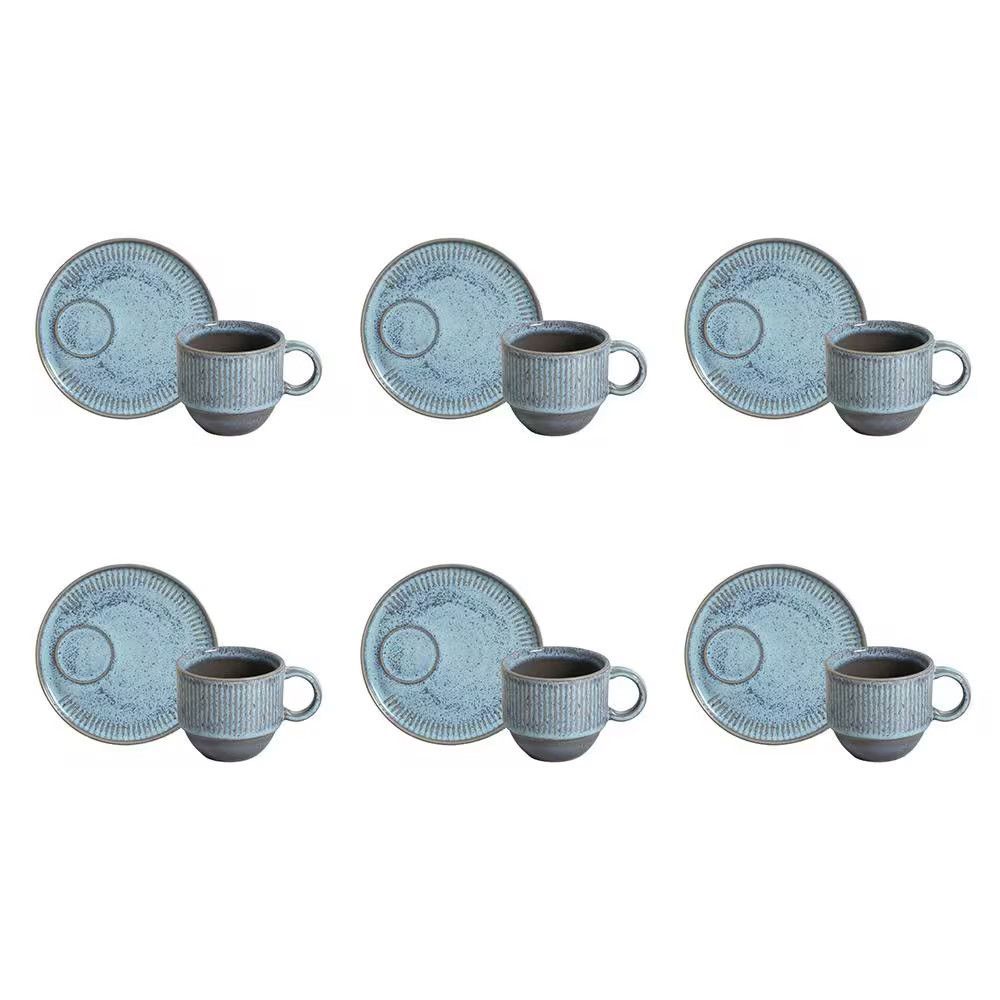 Conjunto de Xícaras e Pires Breeze para Chá Stoneware Resistente e Durável Lavável em Lava Louças Azul Porto Brasil