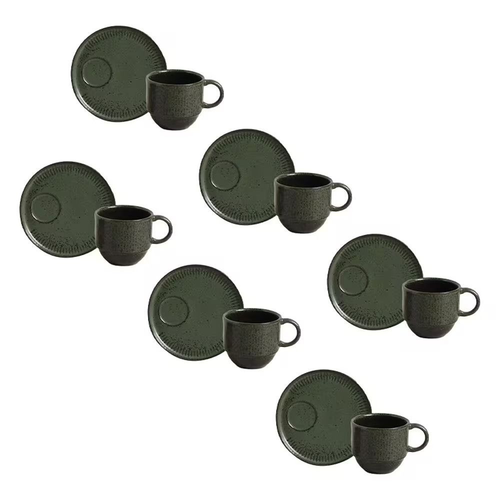 Conjunto de Xícaras de Chá com Pires Greenery para Chá em Stoneware Resistente e Sustentável Uso em Micro-ondas