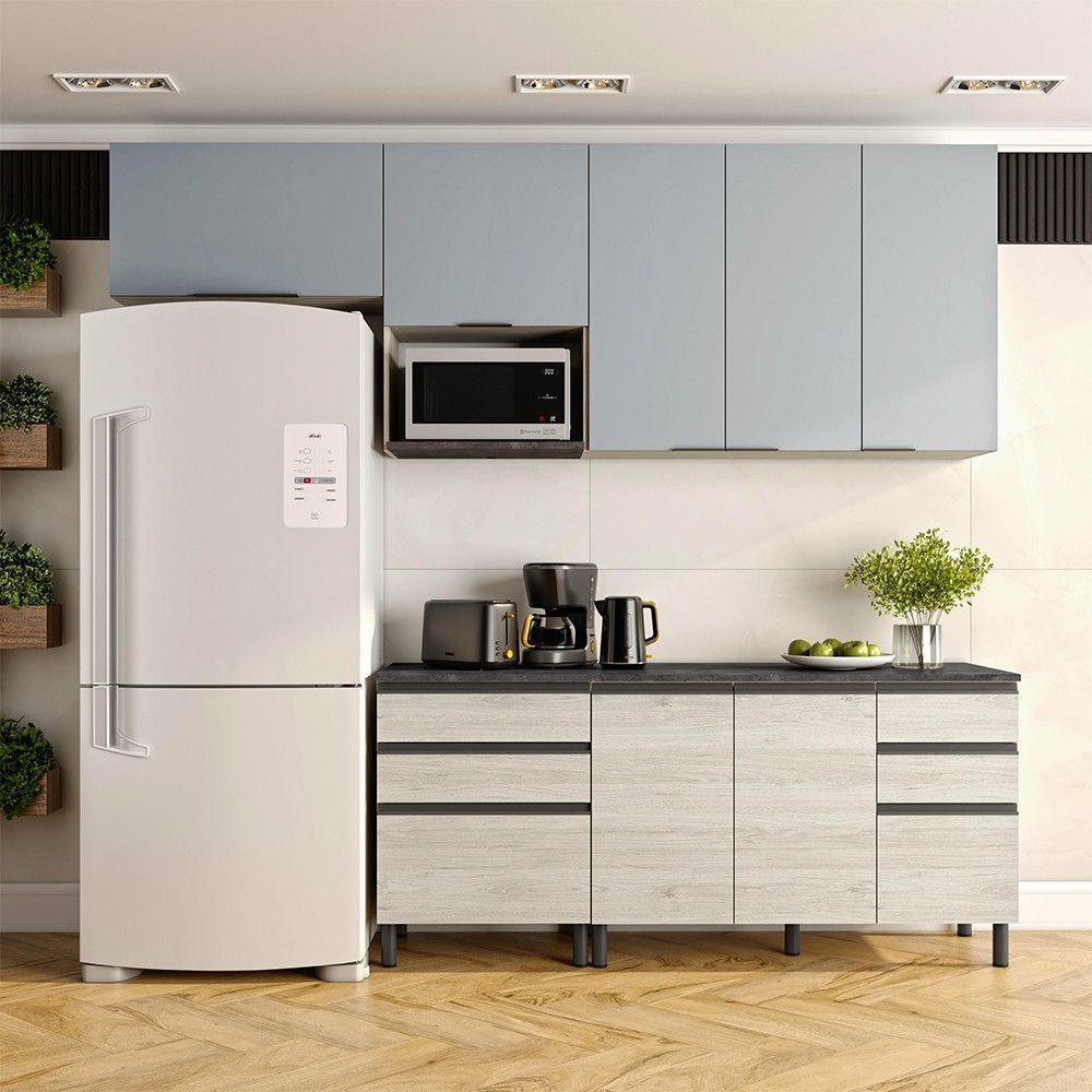 Cozinha Cristal 7 Portas 6 Gavetas MDP 260CM Freixo Azul Bartira Móveis
