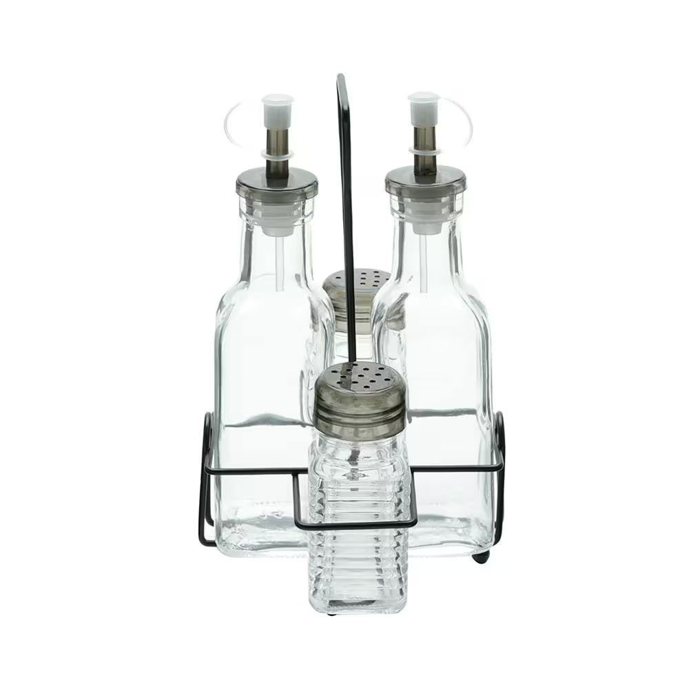Conjunto Galheteiro Lyor Transparente para Condimentos Vidro e Metal com Tampas Dosadoras Organizador para Mesa