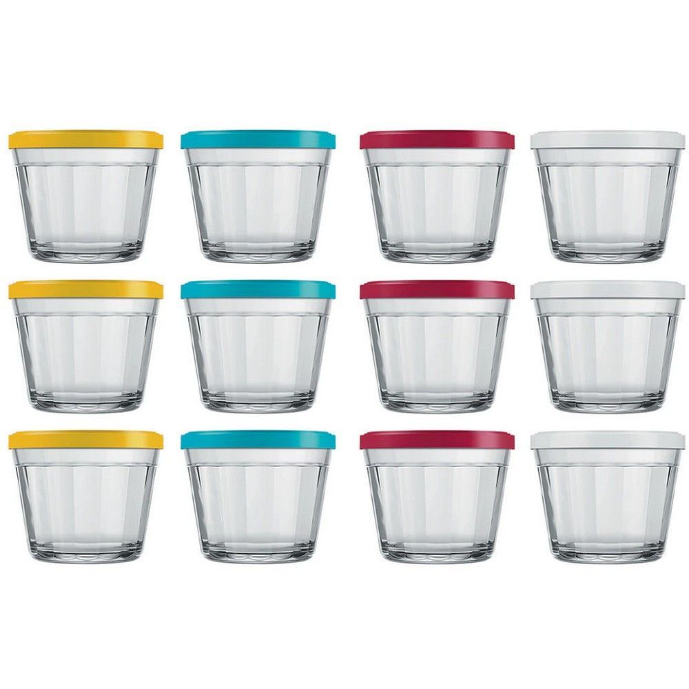 Conjunto Tigelas Copo Americano Vidro 150ML 12 Peças com Tampas Coloridas Armazenamento Seguro para Cozinha Transparente