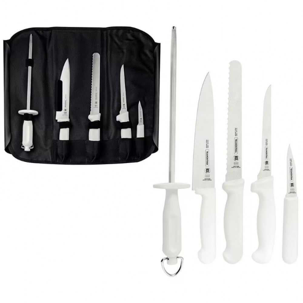 Conjunto de Facas Profissional para Cortar e Descascar em Aço Inox com Chaira Inclusa Cozinha Branco Tramontina