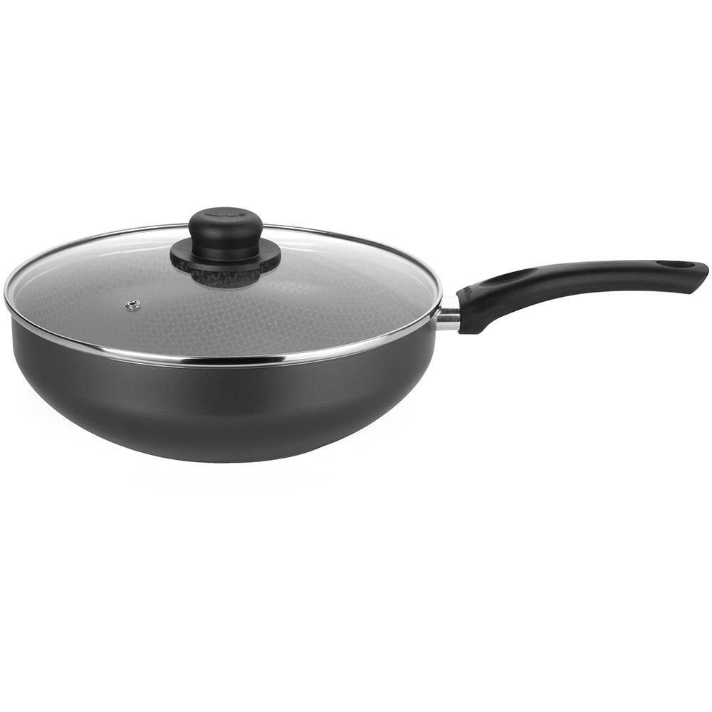 Frigideira Wok Gourmet Alumínio com Revestimento Antiaderente 28CM Cabo de Baquelite e Tampa de Vidro Temperado