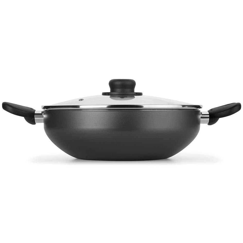 Frigideira Wok Gourmet Alumínio com Revestimento Antiaderente 28CM Alças de Baquelite e Tampa de Vidro Temperado