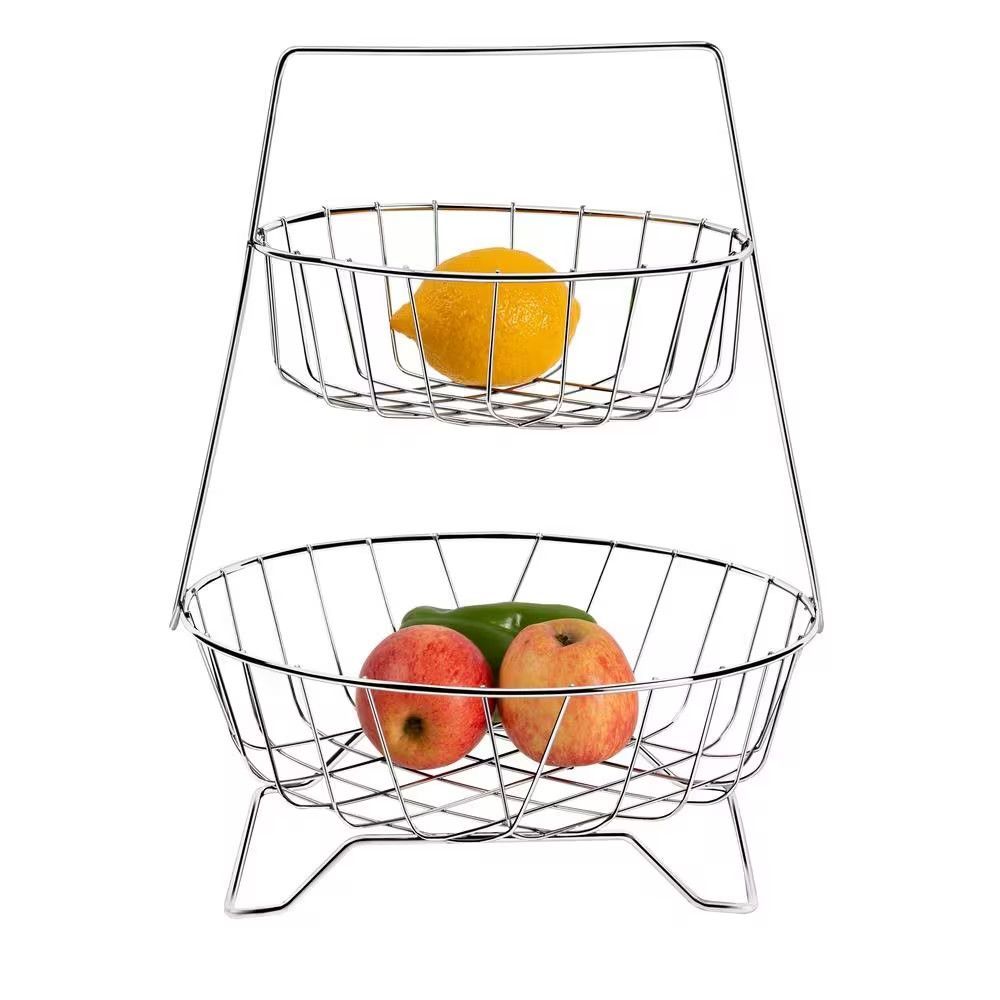Fruteira de Mesa 613 2 Andares com Pedestal em Arame de Aco Design Moderno para Cozinha Ou Sala de Jantar Prata Utimil