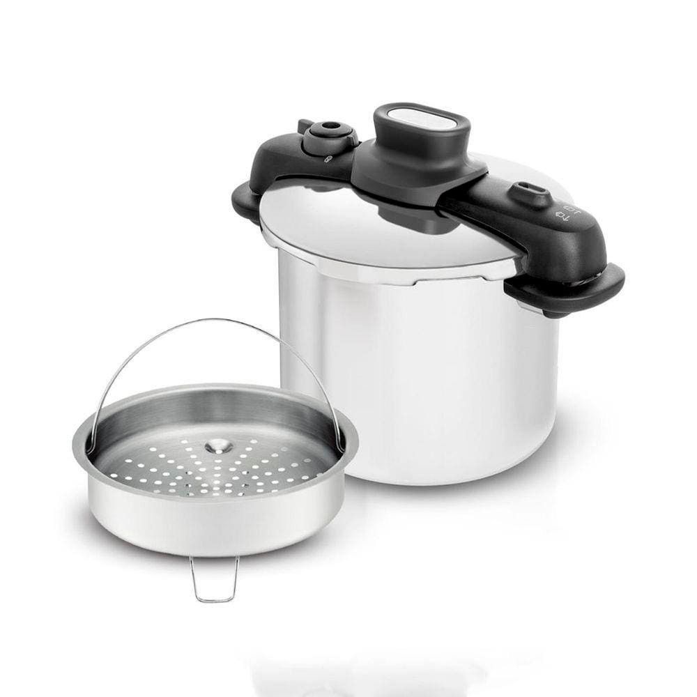 Panela de Pressão T-fal Optispace em Aço Inox com Revestimento em Aço Inox 7L com Cesto Vapor e 5 Sistemas de Segurança