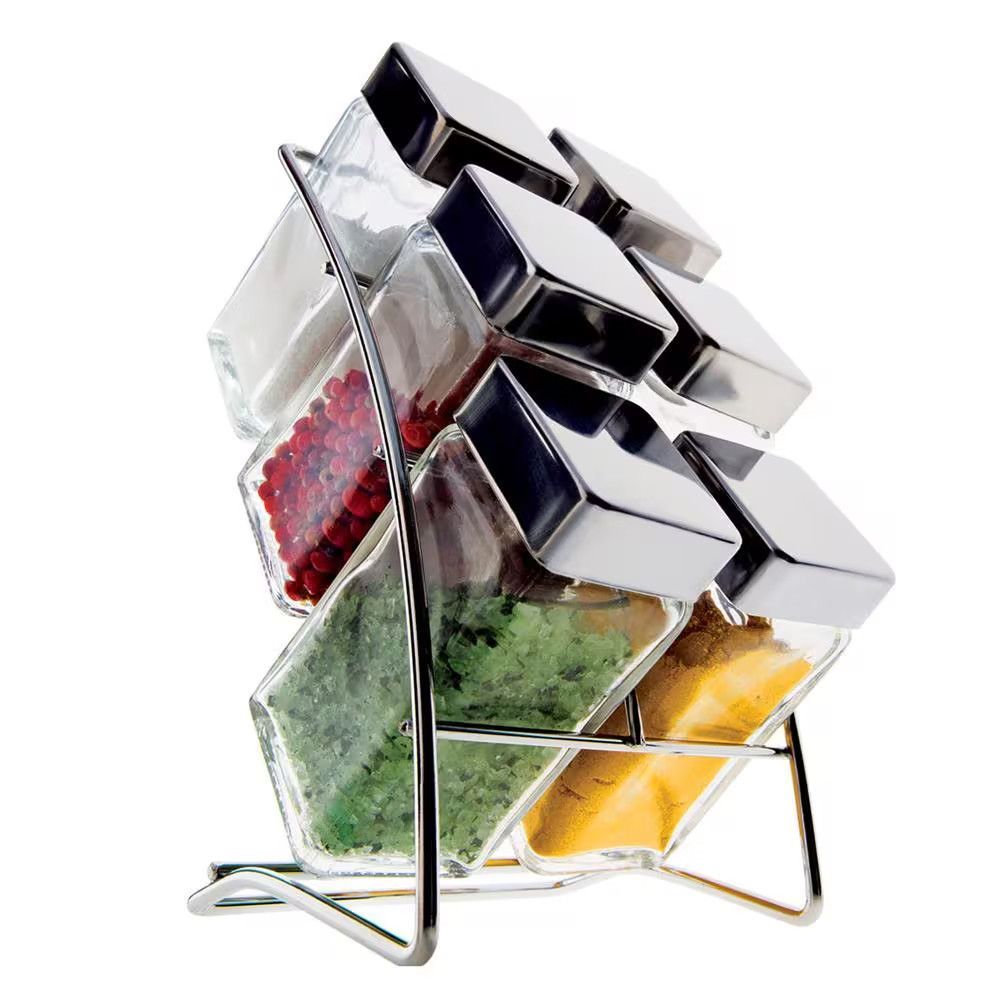 Porta Condimentos Square 6 Peças em Vidro e Inox com Suporte em Aço Cromado para Cozinha Transparente Euro Home