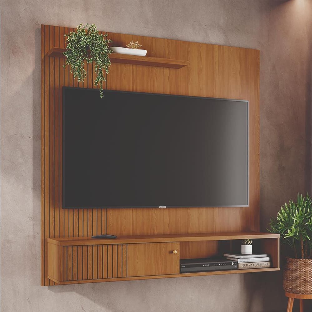 Painel Suspenso para TV Aurora 65" 160CM MDF-MDP com Porta Deslizante Bege Madetec Móveis