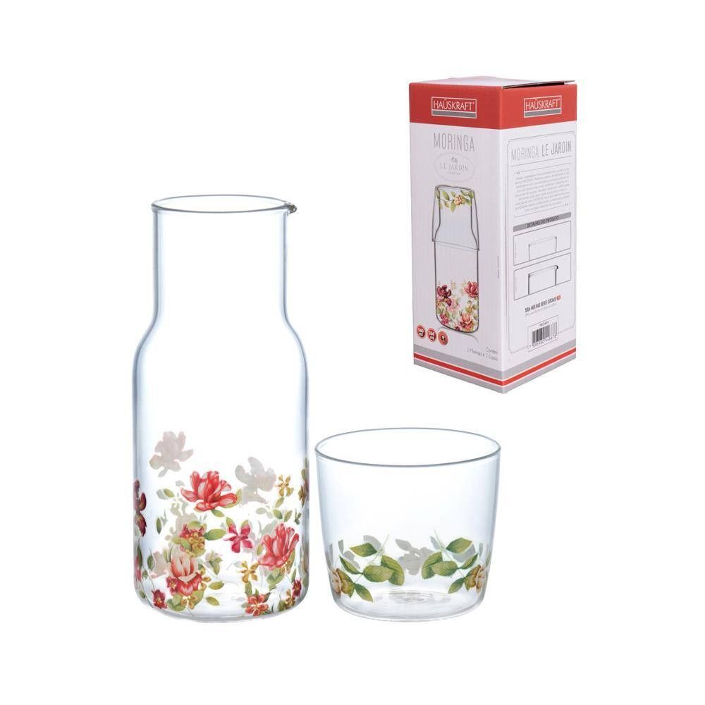 Moringa Le Jardin em Vidro Borossilicato 560ML com Copo 260ML Estampa Floral para Mesa Posta Transparente Hauskraft