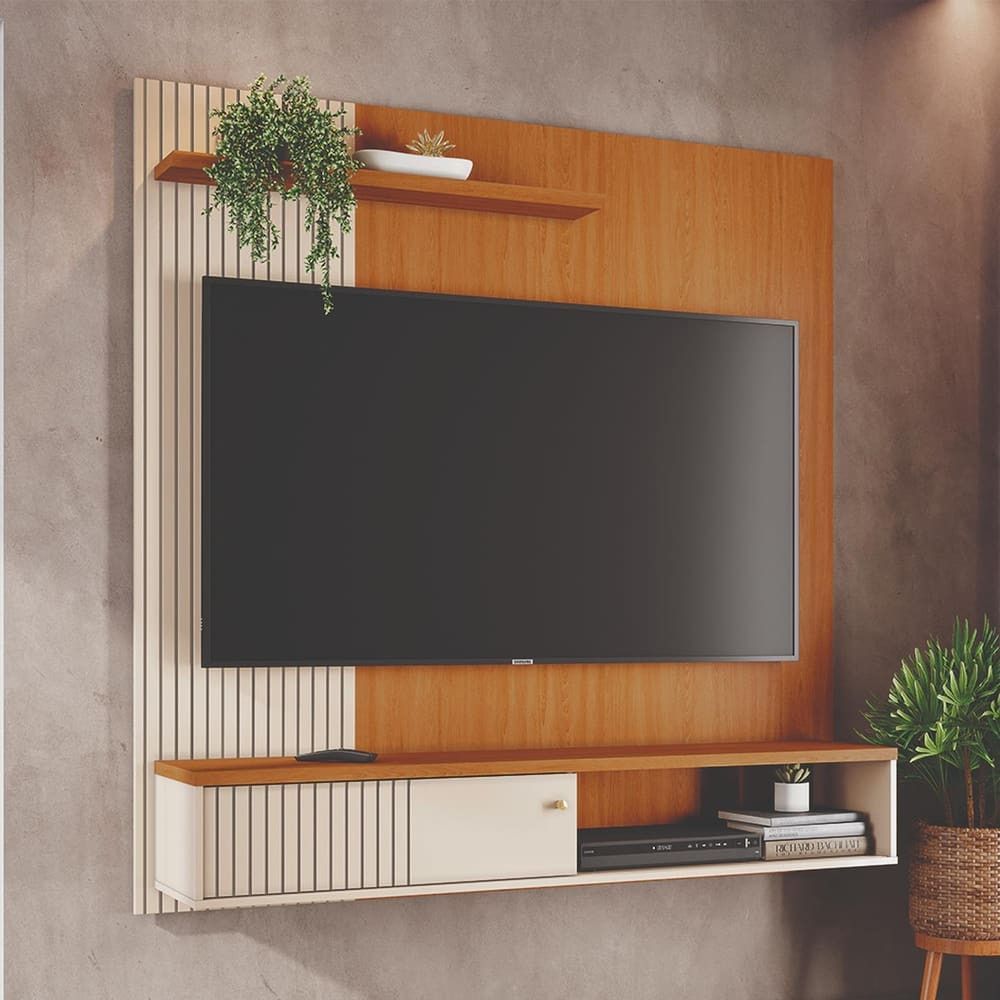 Painel Suspenso para TV Aurora 160CM MDP-MDF com Porta Deslizante Cinamomo e Off White Madetec Móveis