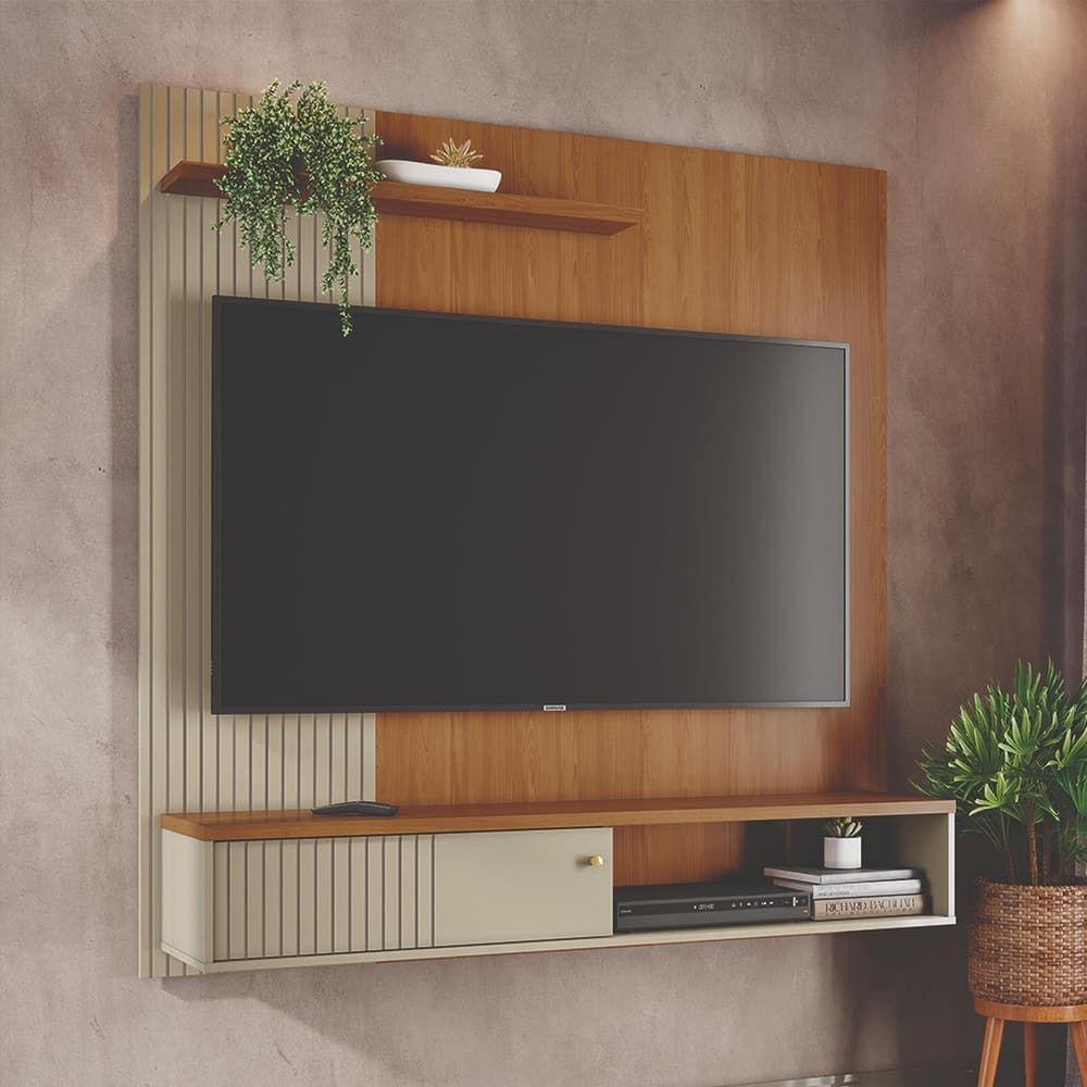 Painel Suspenso para TV 65" 160CM MDF-MDP com Porta de Correr Cumaru e Opala Madetec Móveis