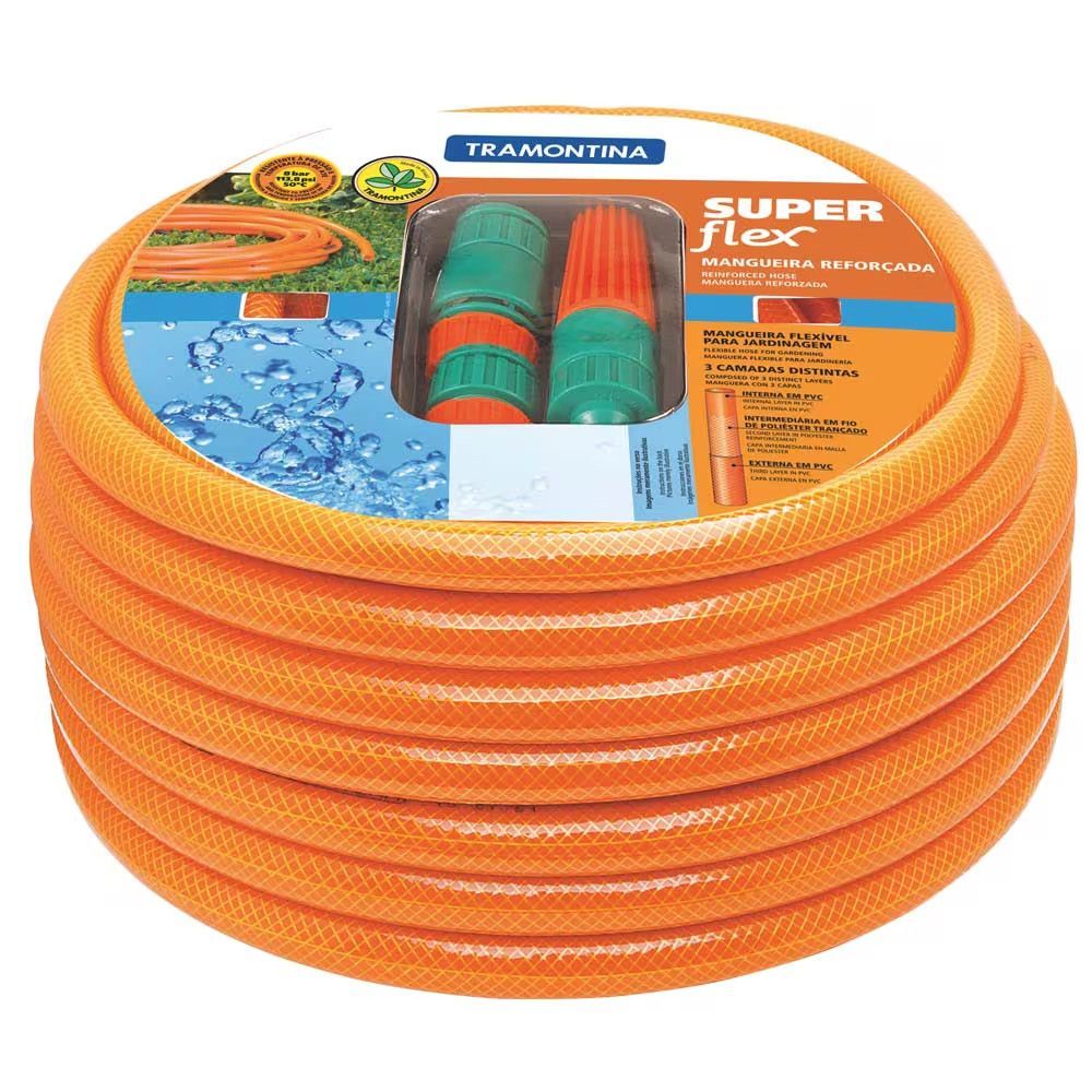 Mangueira Super Flex com Alta Flexibilidade e Engates Rápidos 30m Laranja Tramontina