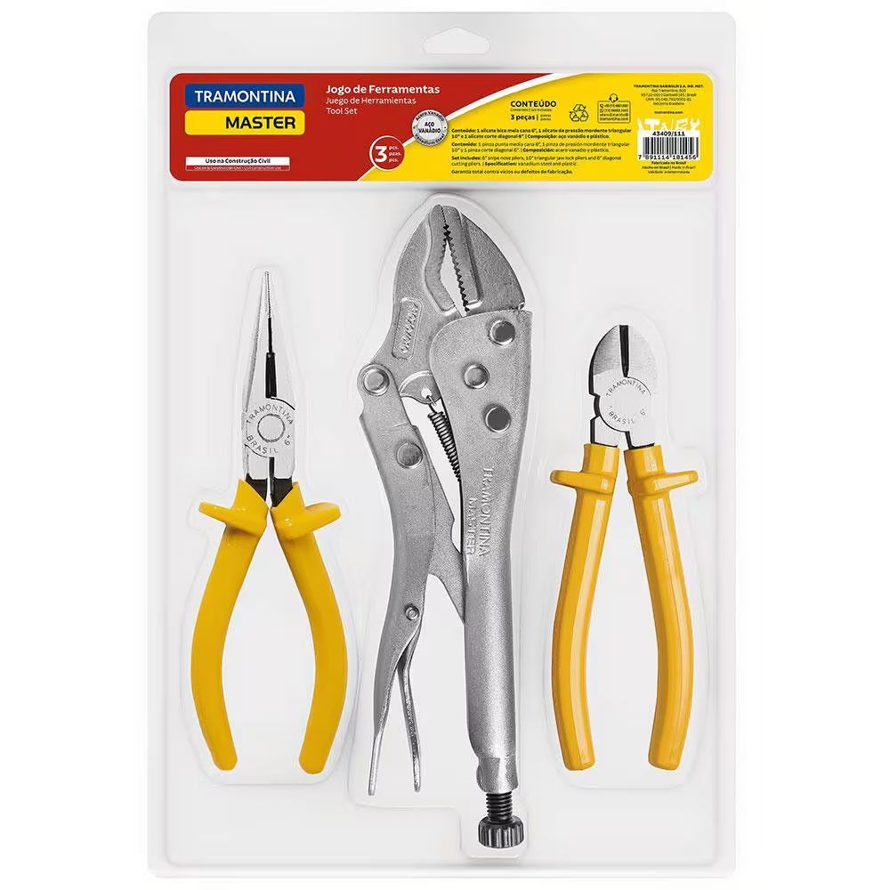 Kit de Ferramentas 3 Pecas com Alicate de Pressao 10, Corte Diagonal 6 e Bico Meia Cana 6 em Aco Vanadio Amarelo