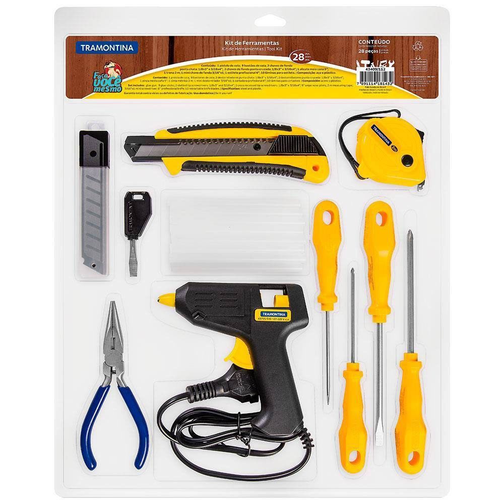 Kit de Ferramentas 28 Peças com Pistola Elétrica para Cola Quente Bivolt Amarelo Tramontina