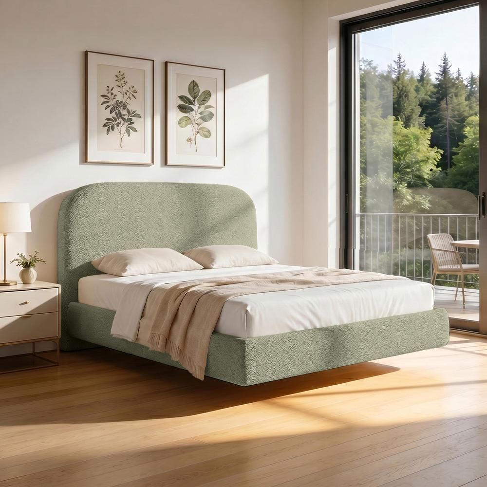Cama Queen Flutuante Aura W01 com Cabeceira Orgânica MDF Bouclê Oliva Lyam Decor