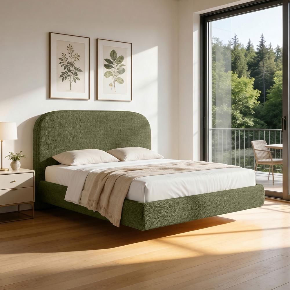 Cama Casal Flutuante Aura W01 com Cabeceira Design Orgânico MDF Verde Lyam Decor