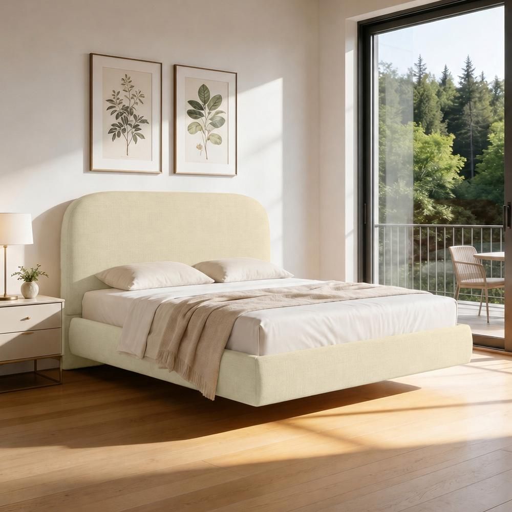 Cama Queen Flutuante Aura W01 com Cabeceira Design Orgânico MDF-MDP Bege Lyam Decor