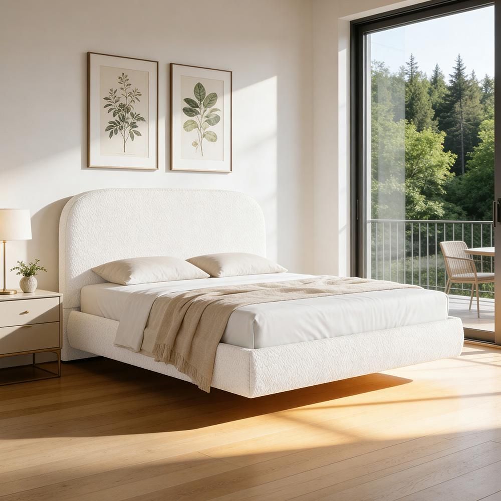 Cama Queen Flutuante Aura W01 com Cabeceira Orgânica MDF-MDP Bouclê Cru Lyam Decor