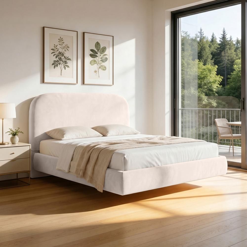 Cama Queen Flutuante Aura W01 com Cabeceira Design Orgânico MDF-MDP Bege Lyam Decor