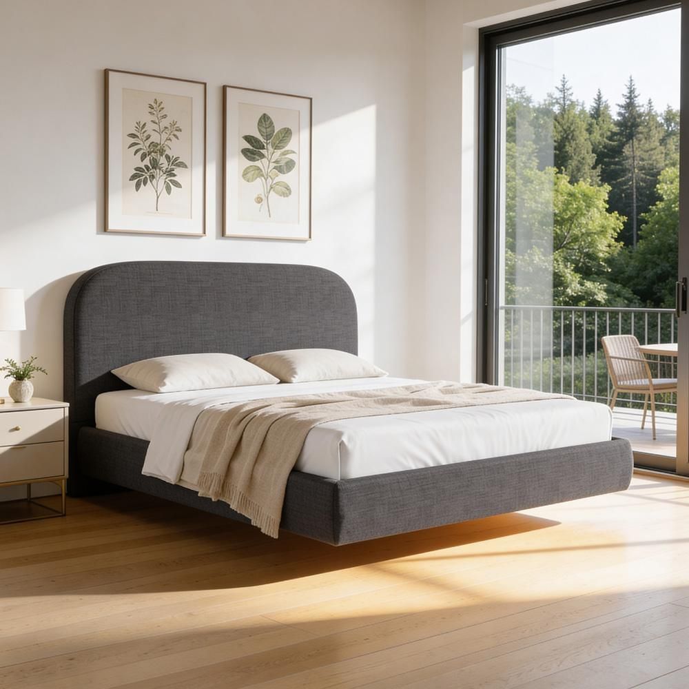 Cama Queen Flutuante Aura W01 com Cabeceira Orgânica MDF-MDP Cinza Escuro Lyam Decor