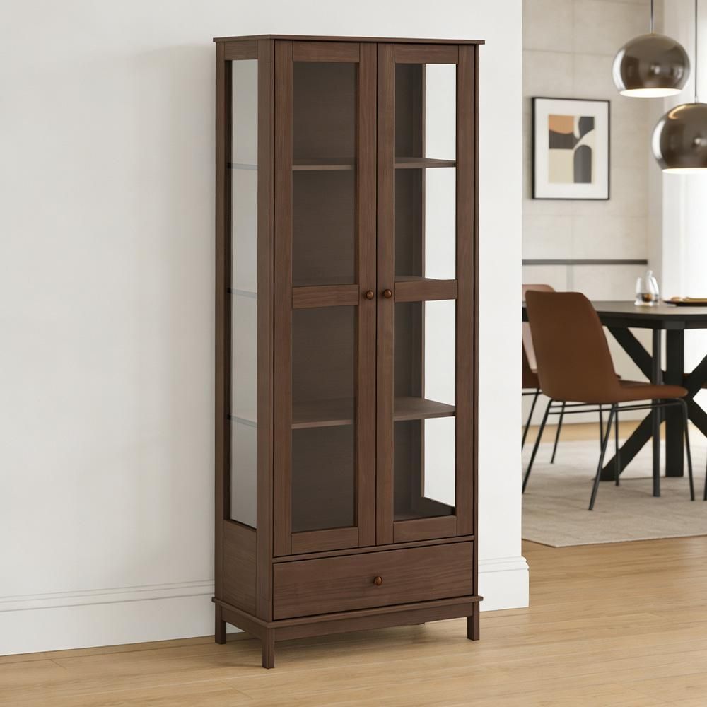Cristaleira Ethos F06 2 Portas 3 Prateleiras Madeira Maciça com Gaveta Café Lyam Decor