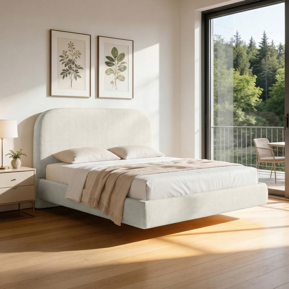 Cama Casal Flutuante com Cabeceira Aura W01 Design Orgânico MDF-MDP Bege Lyam Decor