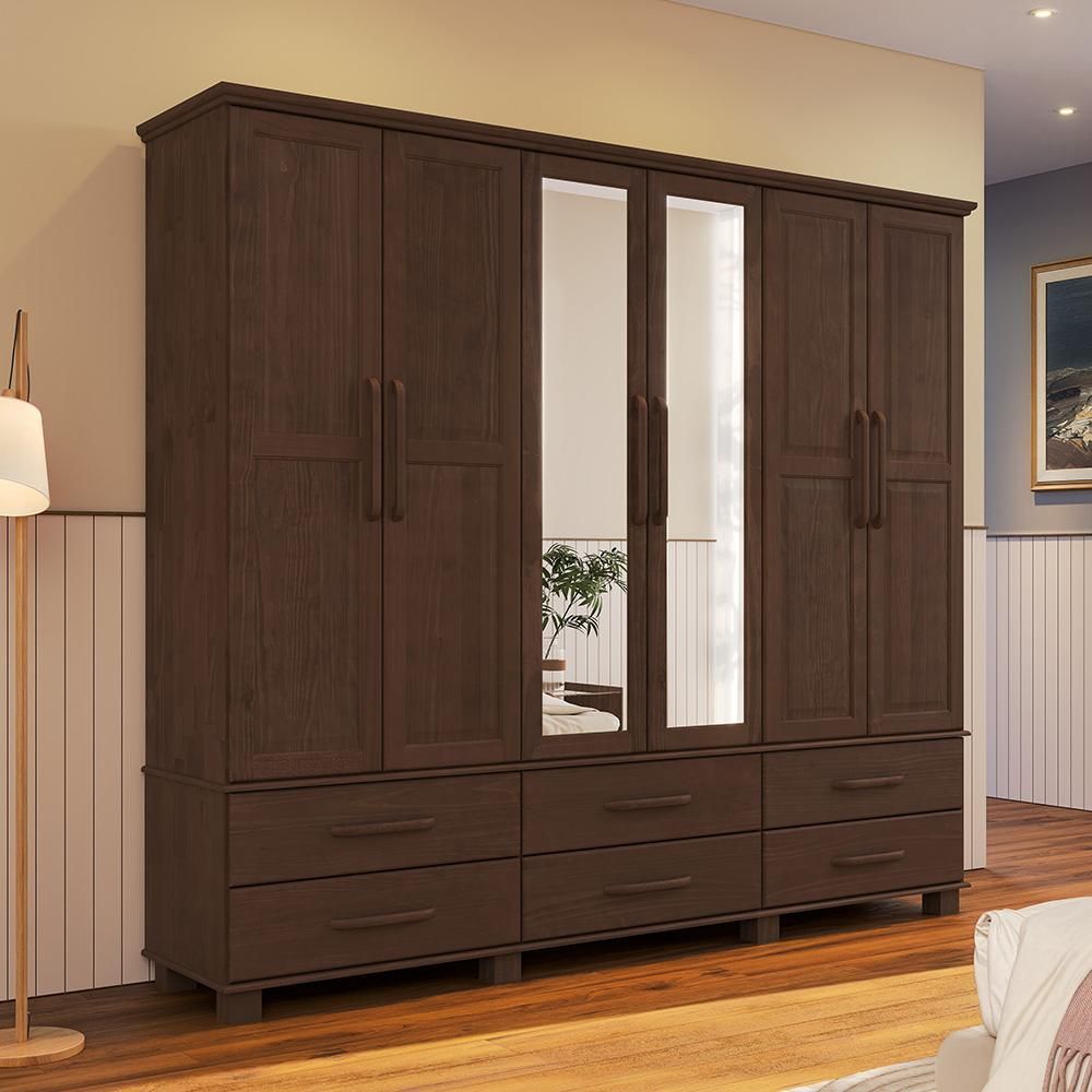 Guarda Roupa Casal Zahav F06 6 Portas de Bater 6 Gavetas Madeira Maciça com Espelho Café Lyam Decor