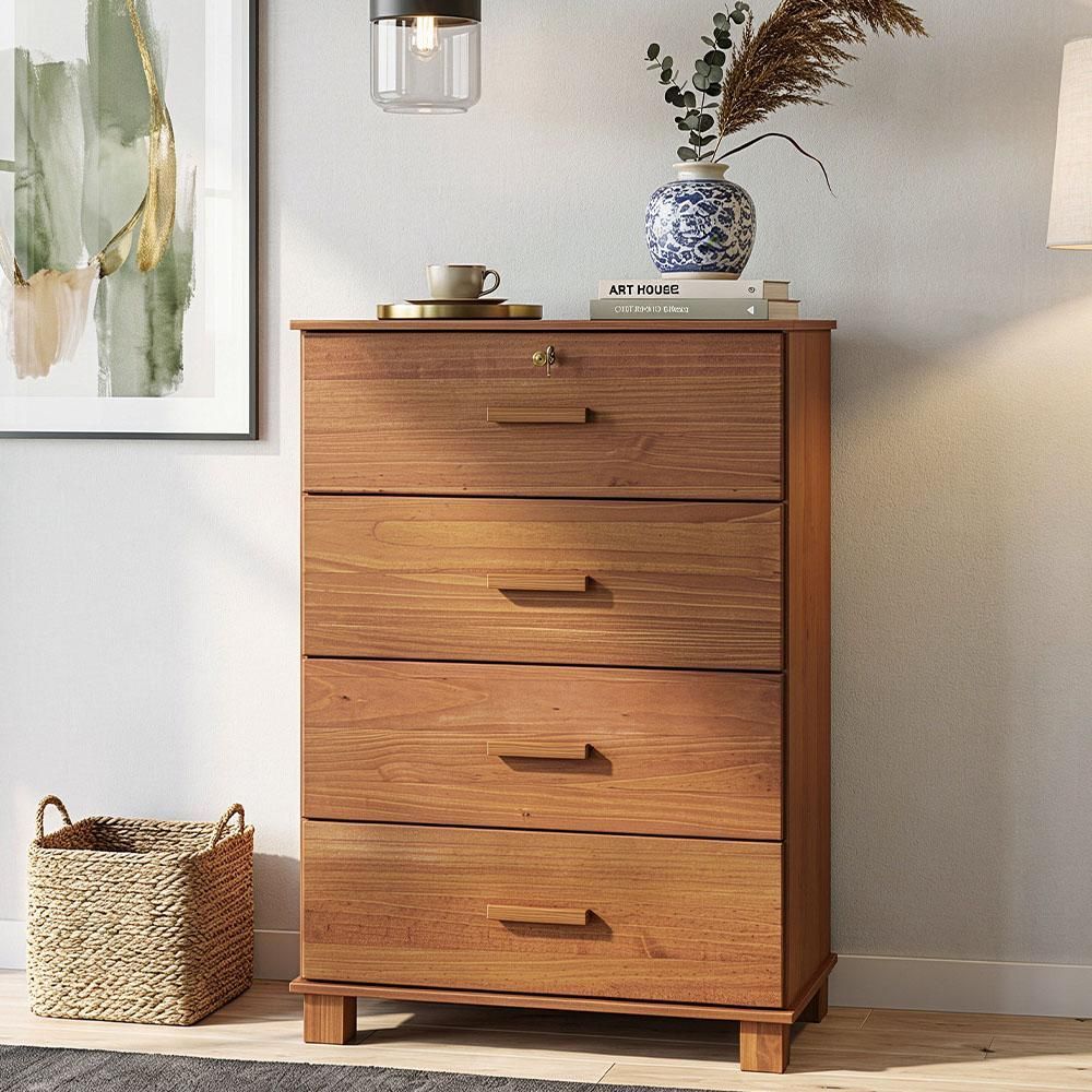 Cômoda Selena F06 4 Gavetas Madeira Maciça Puxador MDF Castanho Lyam Decor