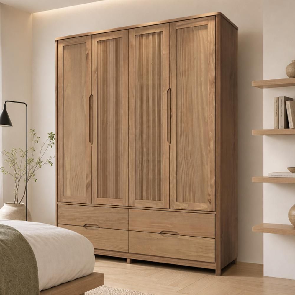 Guarda Roupa Solteiro Benton 4 Portas de Bater 4 Gavetas Madeira Maciça Corrediças Telescópicas Tauari Lyam Decor
