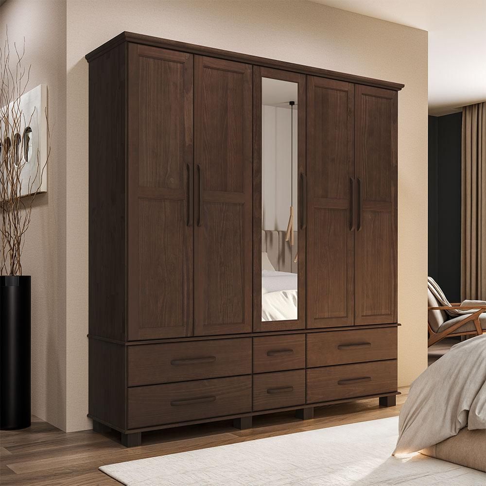 Guarda Roupa Casal Zahav F06 5 Portas de Bater 6 Gavetas Madeira Maciça com Espelho Café Lyam Decor