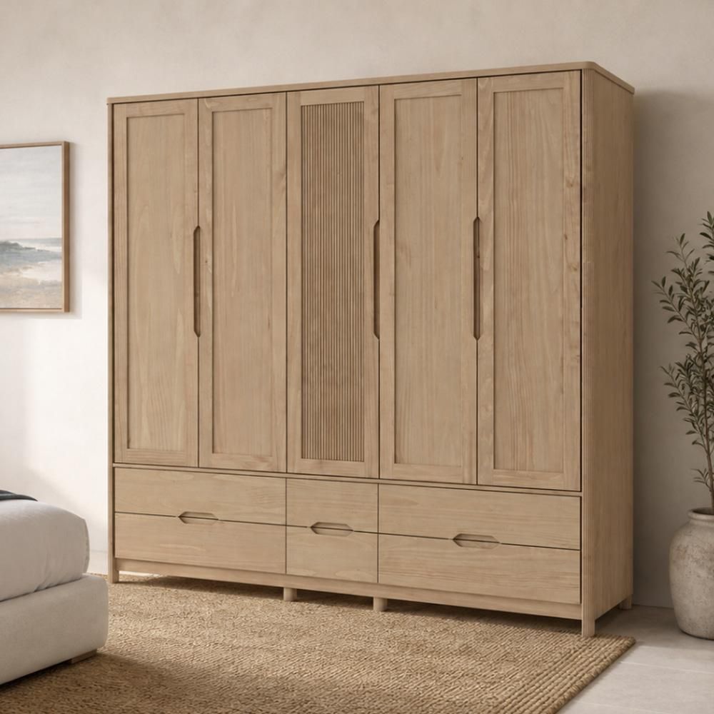Guarda Roupa Casal Benton F06 5 Portas de Bater 6 Gavetas Madeira Maciça Corrediças Telescópicas Tauari Lyam Decor