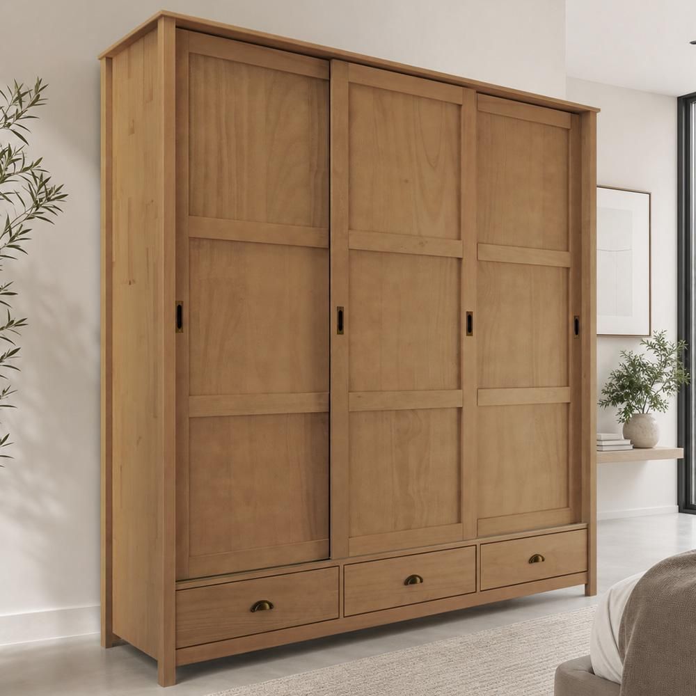 Guarda Roupa Casal Mazzaro F06 3 Portas de Correr 3 Gavetas Madeira Maciça Corrediças Telescópicas Freijó Lyam Decor