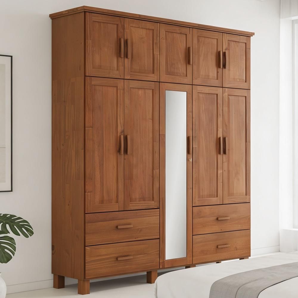 Guarda Roupa Casal Selena F06 10 Portas de Bater 4 Gavetas Madeira Maciça com Espelho Castanho Lyam Decor