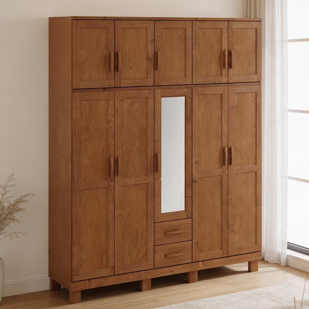 Guarda Roupa Casal Lorie F06 10 Portas de Bater 2 Gavetas Madeira Maciça com Espelho Castanho Lyam Decor