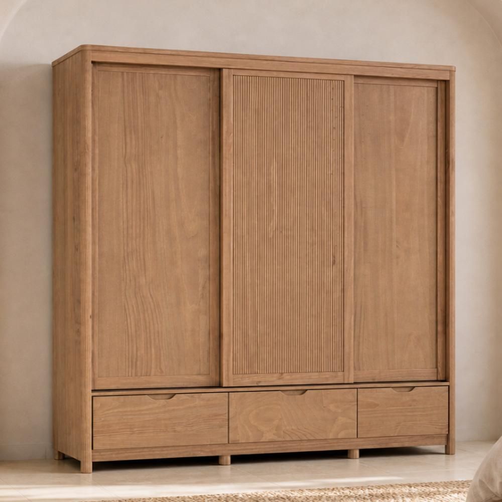 Guarda Roupa Casal Benton F06 3 Portas de Correr 3 Gavetas Madeira Maciça Corrediças Telescópicas Tauari Lyam Decor