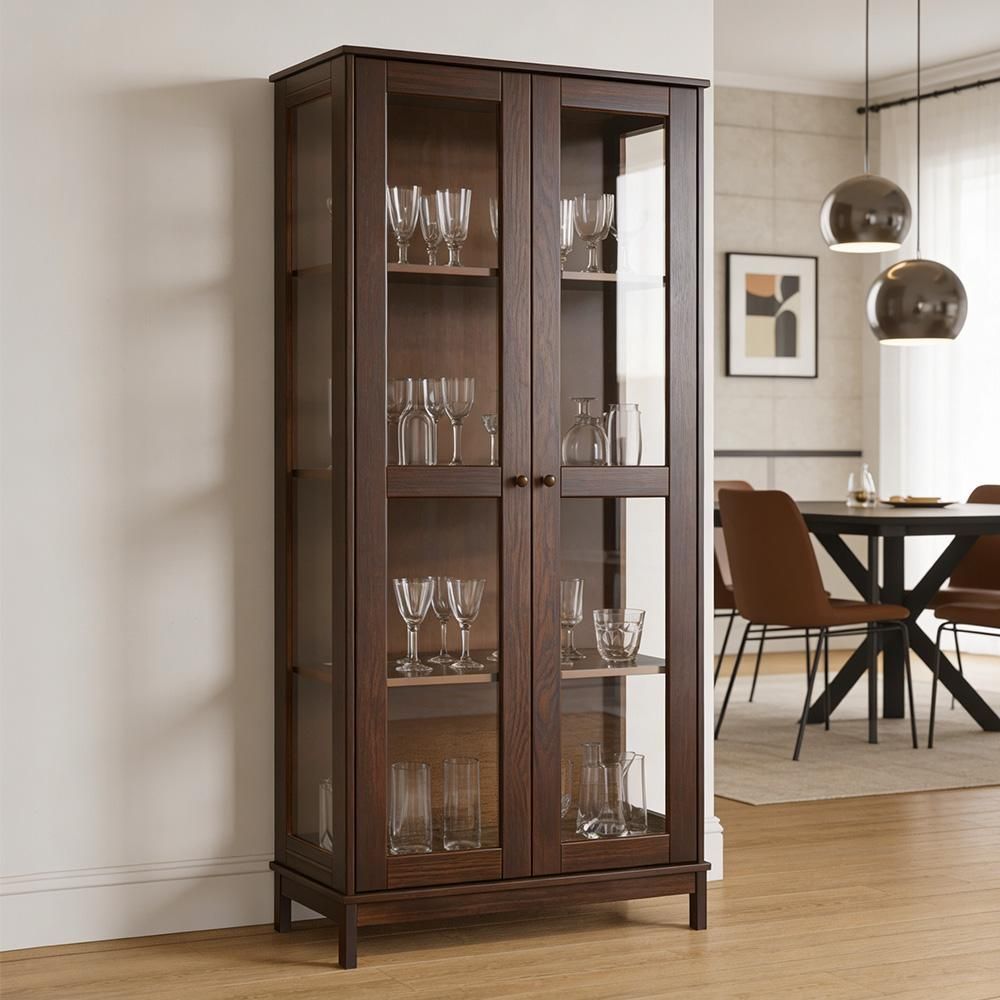 Cristaleira Ethos F06 2 Portas 3 Prateleiras Madeira Maciça com Vidro Temperado Café Lyam Decor